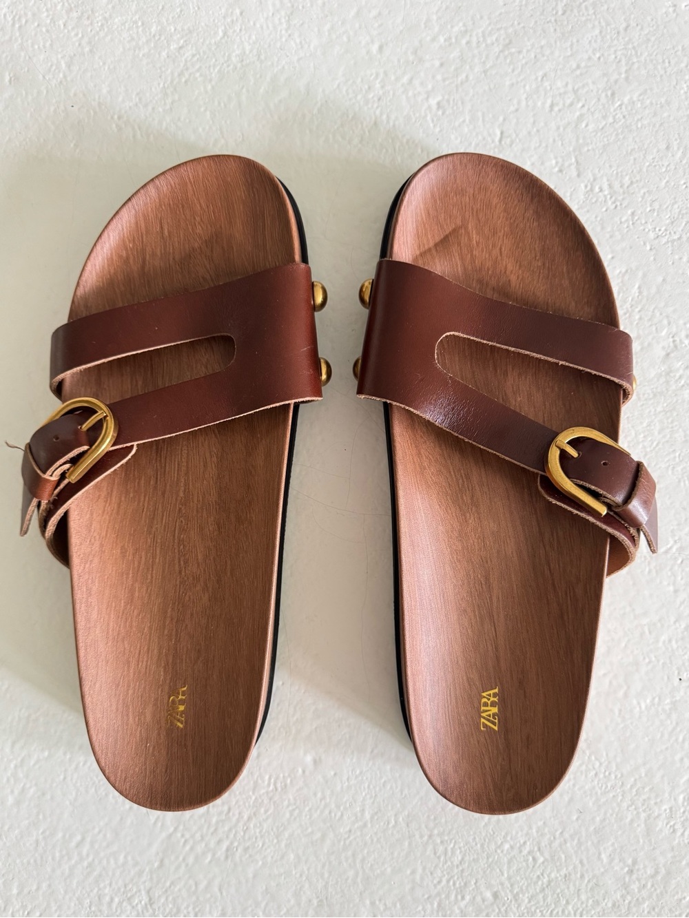 Zara Chestnut Brown Leather Slide Sandals with Gold Buckles